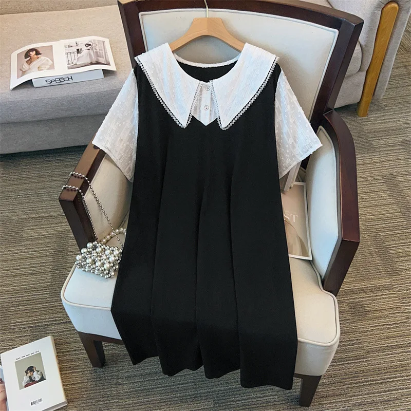 

160Kg Plus Size Women's Bust 170 Summer Loose Short Sleeved Doll Collar Dress Black 5XL 6XL 7XL 8XL 9XL
