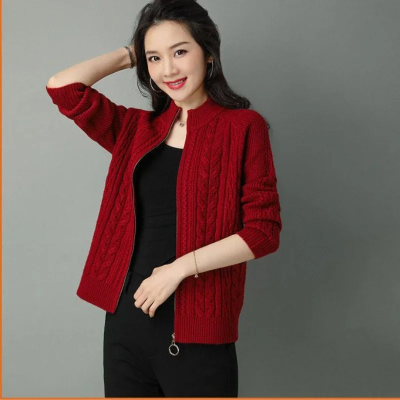 Vintage Zipper Knit Cardigan Jackets Women Autumn Winter Coat Half High Collar Sweater Long Sleeve Chic Jumpers Tops Warm Thick