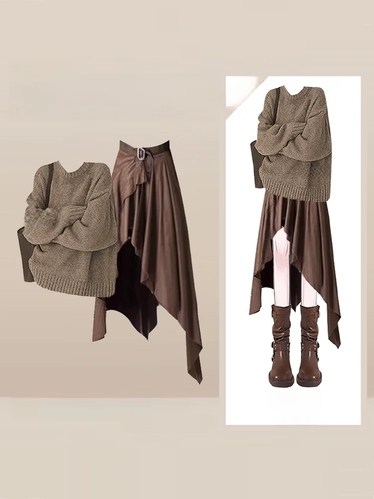 

Осенне-зимний женский комплект: вязаный свитер и асимметричная юбка в винтажном стиле, однотонный, с круглым вырезом, для путешествий...