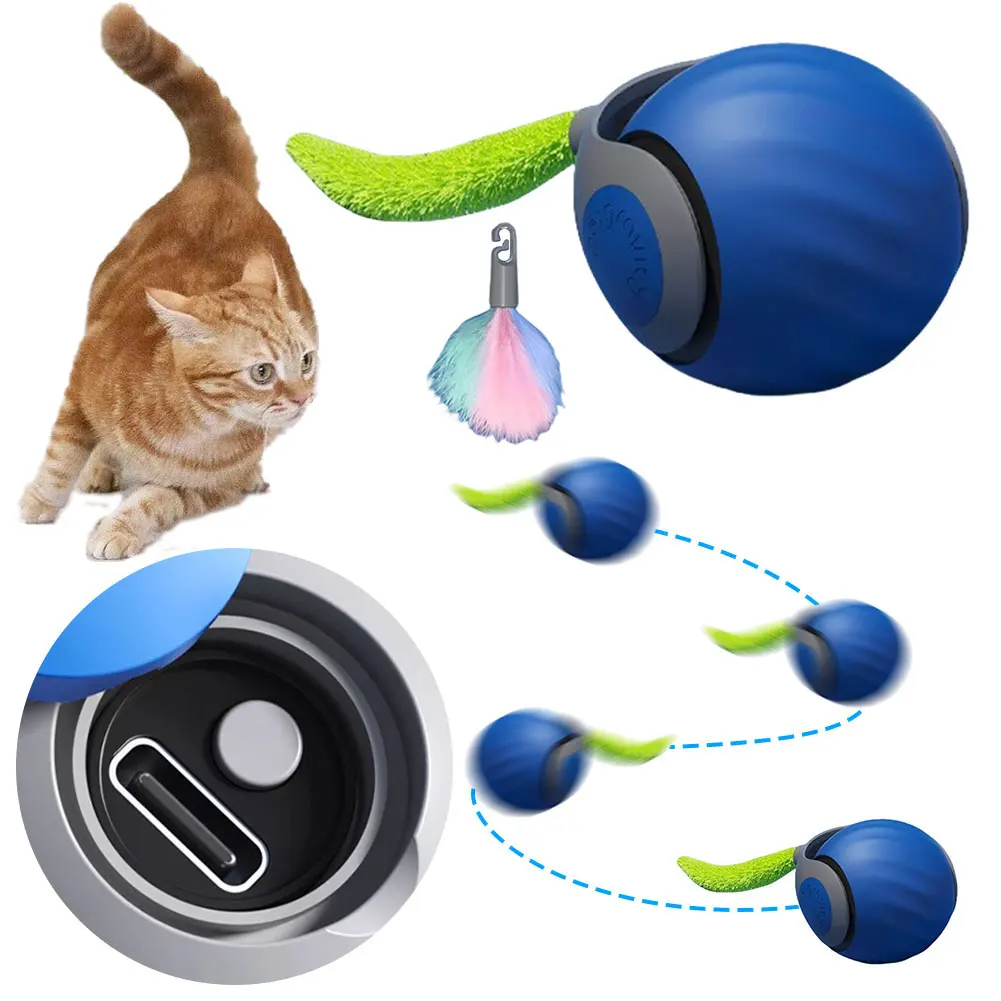 Automatic Moving Cat Toy Ball Smart Cat Toys Two Speed Adjustment Speedy Tail Cat Toy with Replacement Tail