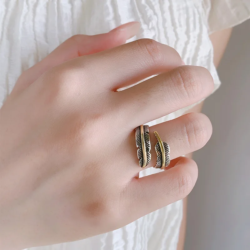 WJFH-ARTS Vintage Feather Arrow Open Ring For Women Two‑Tone Gold Silver Color Adjustable Finger Ring Retro Punk Jewelry Gift