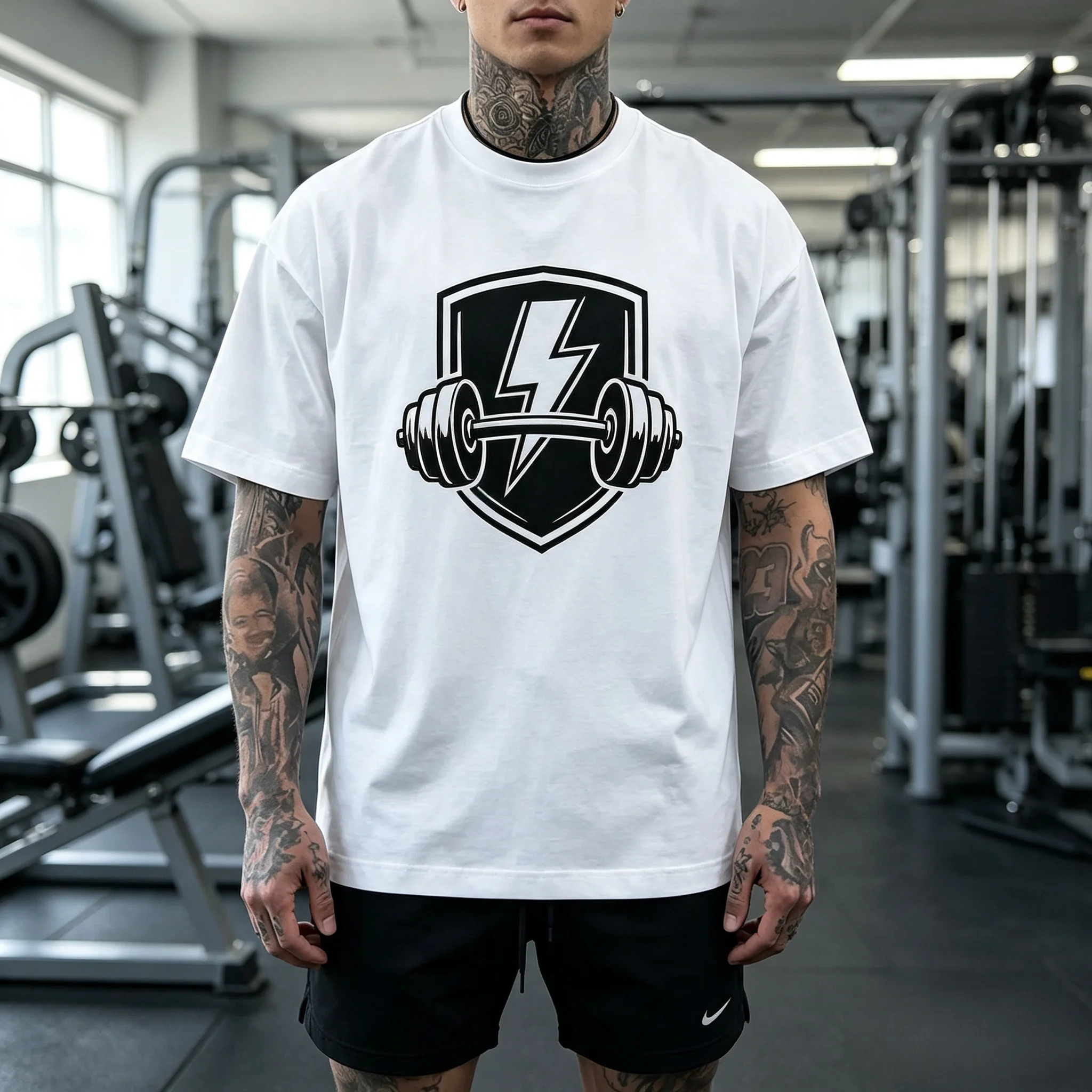 Unisex Dumbbell Lightning Shield Fitness Graphic T Shirt Men Women Gym Workout Print Oversized Crew Neck Short Sleeve Casual Streetwear Cotton Top