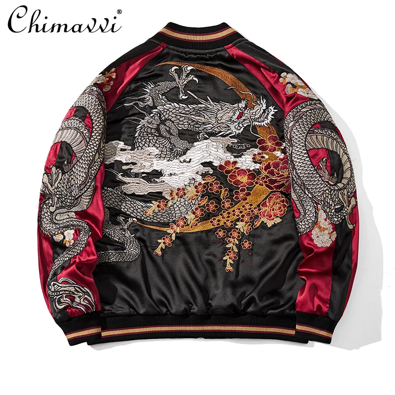 Heavy Yokosuka Dragon Embroidered Jacket Baseball Jersey Double-sided Coat Spring New Fashion Men's Loose Handsome Jacket Top