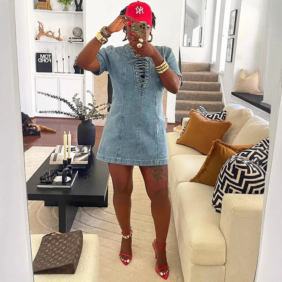 

Mini Dress Women Denim Dresses A Line Vestidos Streetwear Short Sleeve Elegant Splice Y2k Work Party Slim Beach Summer 2025