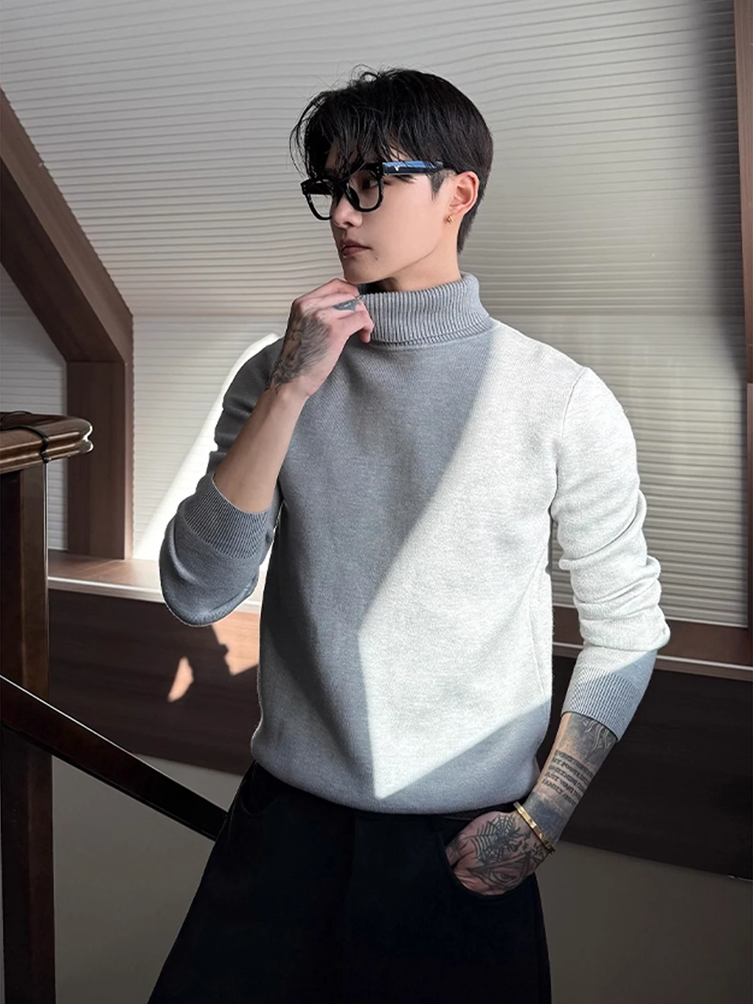 

Мужской вязаный свитер с высоким воротом, утепленный флисом, приталенный, в корейском стиле, зимний, теплый, дышащий, эластичный, комфортный, длинный