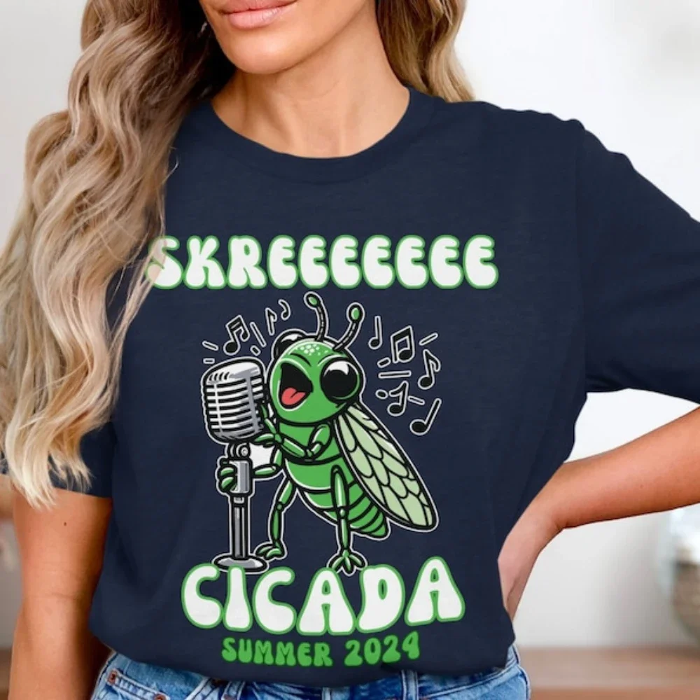 Funny Cicada Singing Retro T-Shirt Summer 2024 Cicada Music Insect Lover Gift Tee Cute Insect Graphic Shirts Aesthetic Clothes