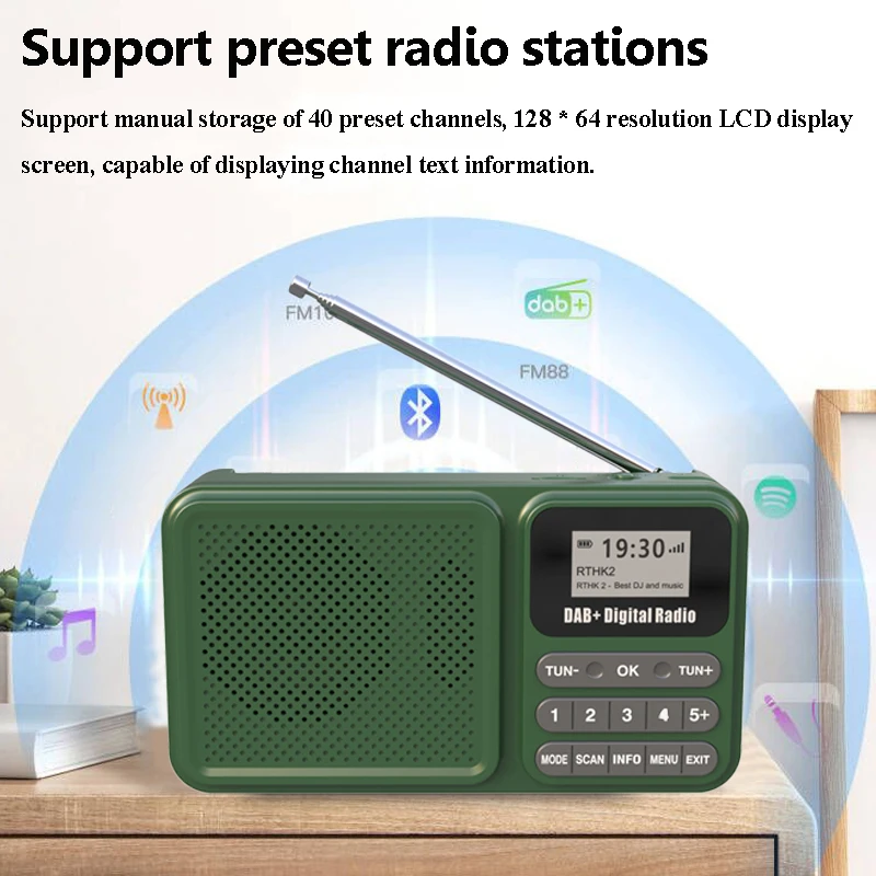 MIni DAB+ Digital Radio Bluetooth-Compatible Solar Powered/Rechargable FM Radio Supports U Disk TF Card MP3 Play LCD Display