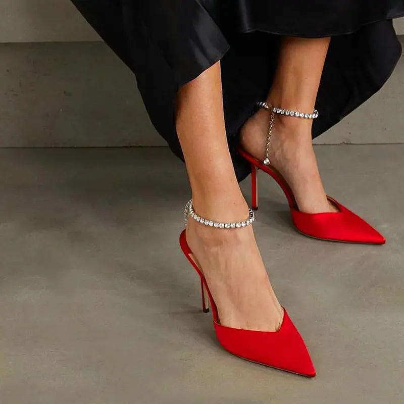 2024 European New Pointed Toe Stiletto Rhinestone High Heels Baotou Satin Super Sandals French Red Women's Pumps