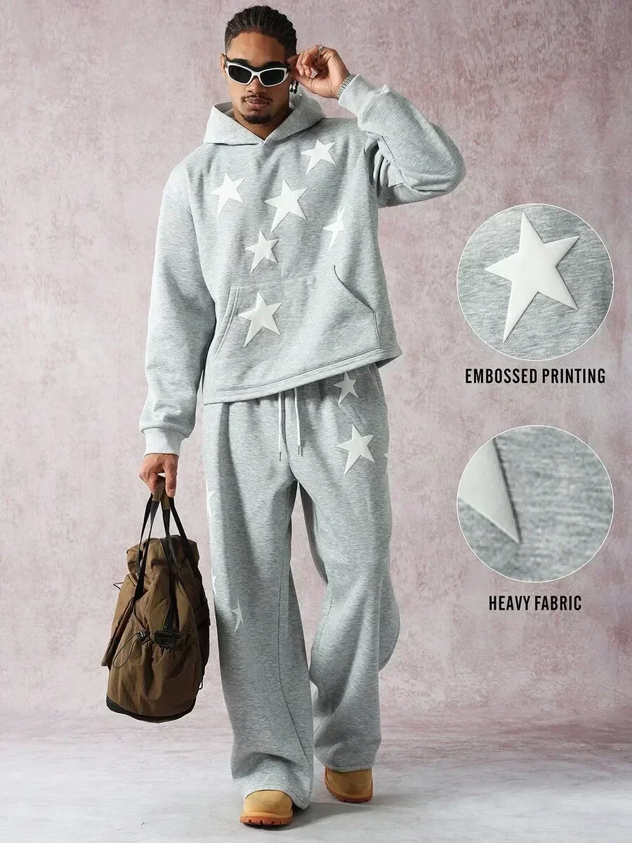 

Mens Star Print Embossed Hoodie And Wide Leg Sweatpants Set Casual Streetwear