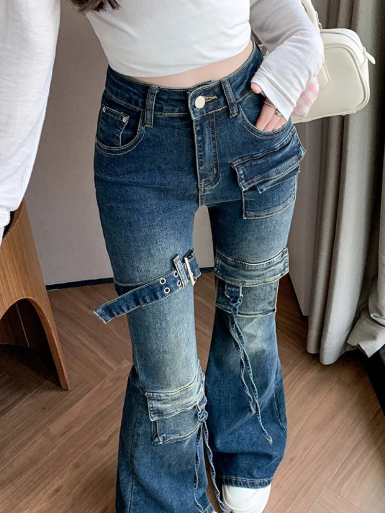 Blue Cargo Jeans Women Distressed Buckle Belt Bootcut Denim Pants Long Trousers Vintage Grunge Streetwear 2025 New