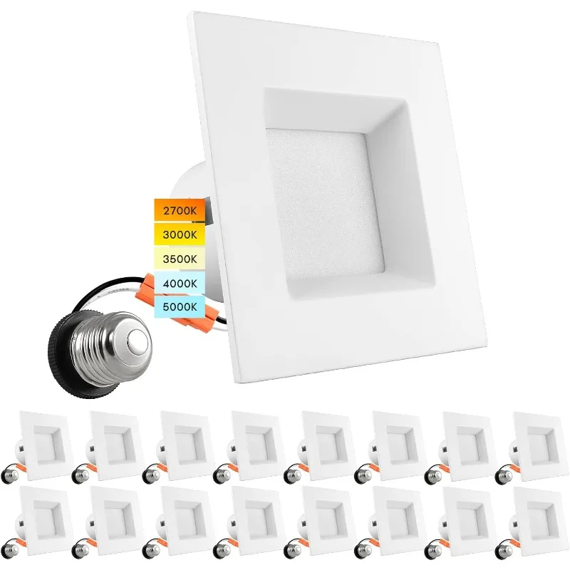 16 Pack 4 Inch Square Recessed LED Can Lights, CCT Color Temperature Selectable 2700K | 3000K | 3500K | 4000K | 5000K, Dimmable