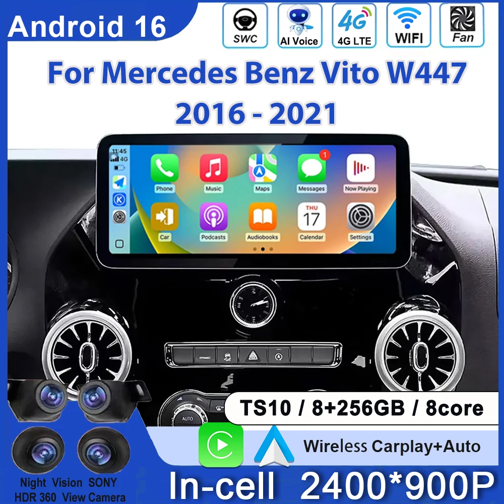 12.3 inch Car Radio For Mercedes Benz Vito W447 2016 - 2021 Carplay QLED Screen Android Multimedia Video Player GPS Wireless