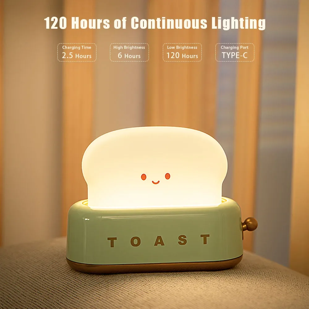 Toast Cartoon LED Night Light Cute Home Decor Kawaii Bread Table Lamps Night Breastfeeding Portable Light with Timer Tiny Lamp