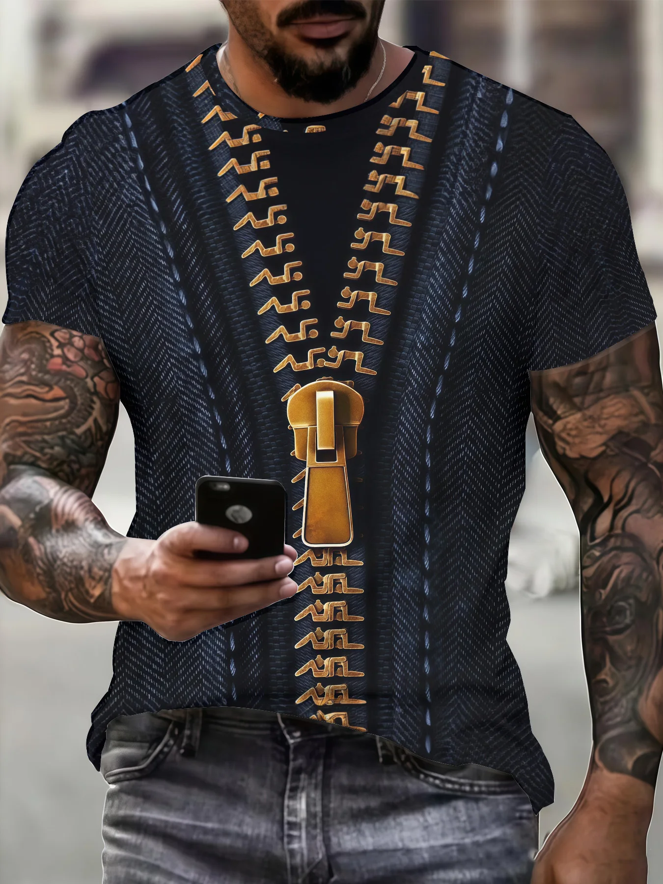3D Abstract Summer‑New‑Style T‑Shirt Element with Metal Zipper Pattern Digital Print Design, Trendy Men's Casual Fashion Top