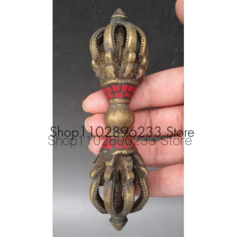 

4.5" Old Tibet Tibetan Coral Bronze Ritual Tool Vajra Dorje Statue