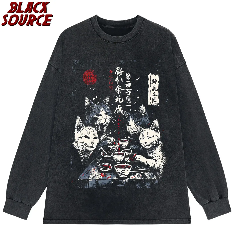 T497 Bai Men's Catman Red Moon Cat Graphic Hoodie, Japanese Streetwear Pullover Sweatshirt, Oversized Casual Urban Fashion