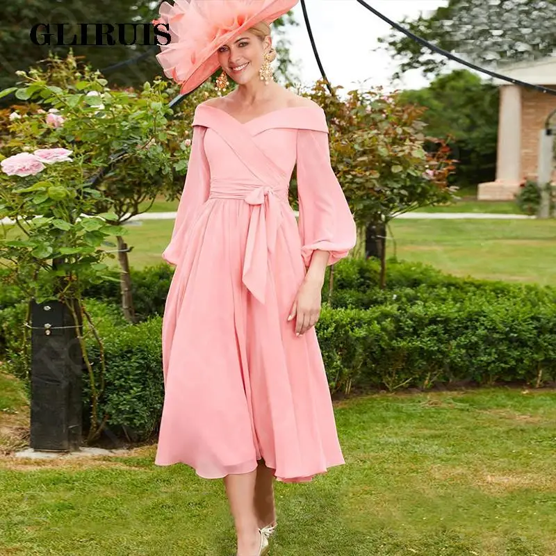 

Modern Latest Pink Mother of the Bride Dresses Mid Calf Length Long Sleeves Wedding Party Dresses Off Shoulder Mother Dress 2022