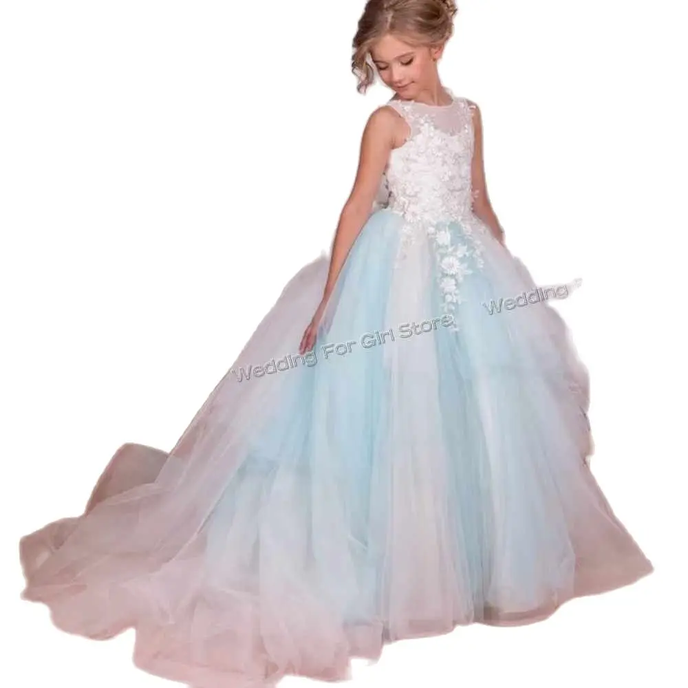 

Lace Flower Girl Dress for Wedding Sheer Neck Lace Up Child Prom Pageant Gown First Communion Size 1-16T