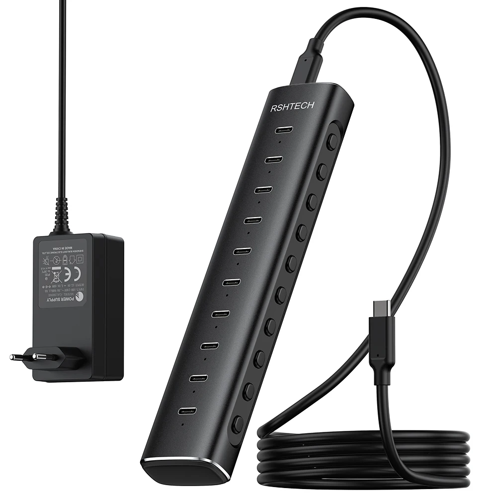 RSHTECH 10-Port USB 3.2 Hub Type-C 10Gbps Data Ports Splitter and 12V/5A Power Adapter Aluminium USB Extender for Desktop Laptop