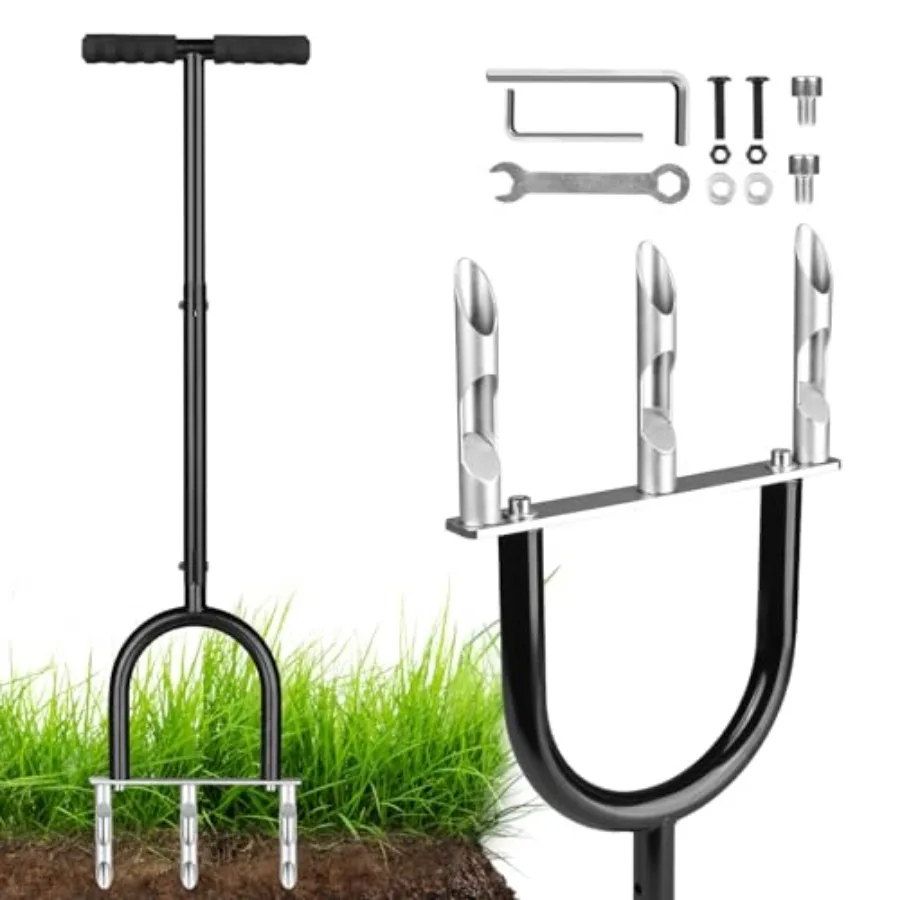 

Lawn Aerator with 3 Hollow Tines, Manual Core Aerator Lawn Tool, Adjustable Height 35 40 in,Black Finish, Ergonomic Non-Slip Ha