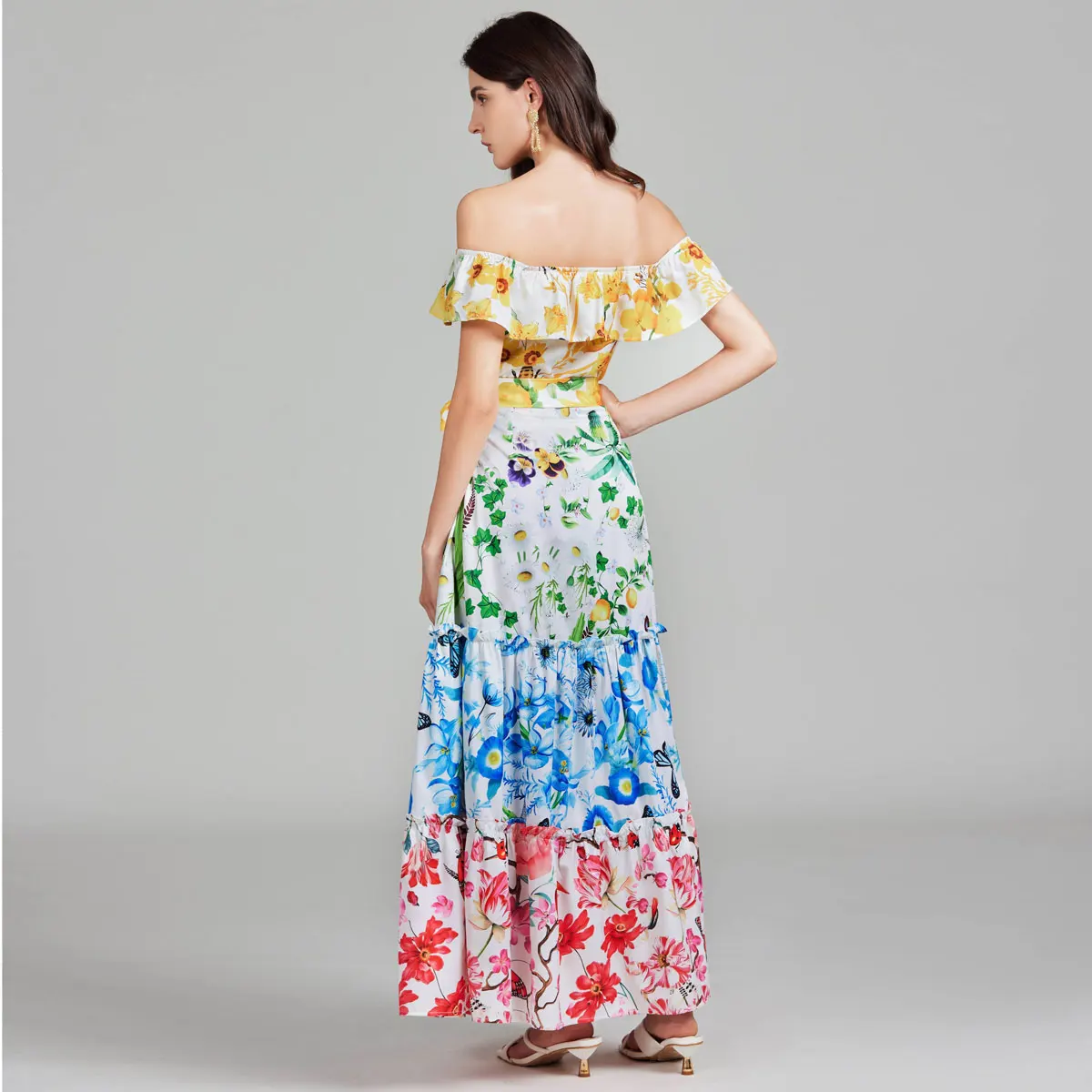 Summer Holiday Print Party Flower Dress Women's Off Shoulder Ruflles Slash Neck Backless Lace Up Belt Long Boho Robe Vestidos