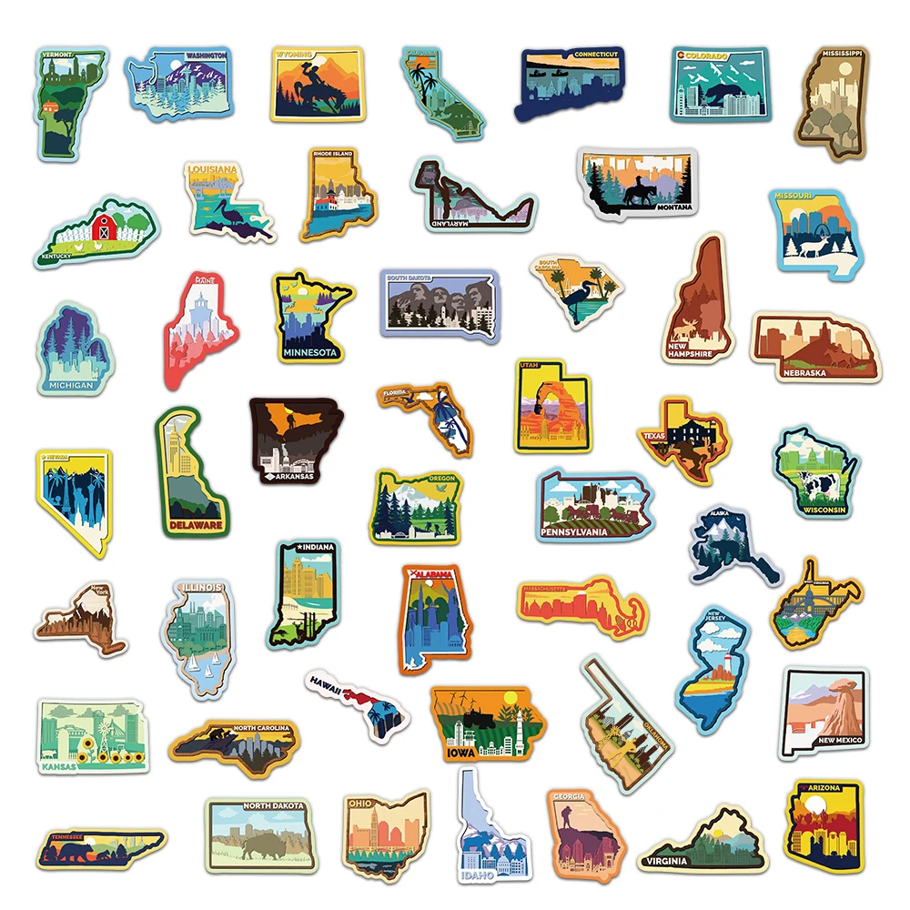 50PCS US State Landmark Stickers Travel City Landmark Handbooks Phone Cases Laptop Suitcases Water Cups Waterproof Stickers