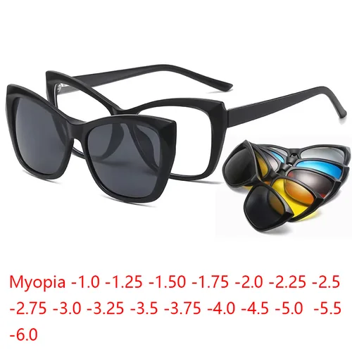 Gafas graduadas para miopía-0,5 a-10 hombres mujeres ojo de gato gafas de sol magnéticas Clip bloqueo de luz azul miopía