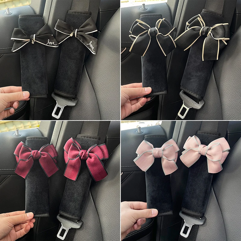 2 sztuk śliczne kobiety Bowknot miękki pluszowy nakładka na pas bezpieczeństwa w samochodzie aksamitna fotel samochodowy pas na ramię szelki z paskiem ochraniacz na poduszki klocki