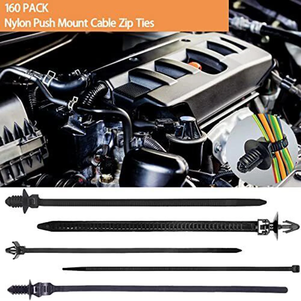 160Pcs Car Universal Nylon Push Mount Cable Zip Ties Wrap Fixed Fastener Clips Mount Wire Self Locking Wire Strap Fastening Zip