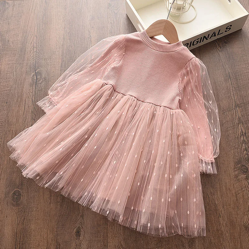 Melario New Fall Baby Girl Cute Costume Children Girls Mesh Cotton Dress Long Puff Sleeve Princess Dresses Spring Girls Dress