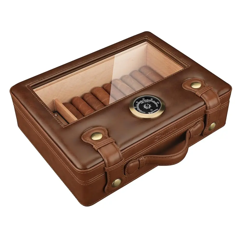 

Cigar Humidor, Travel Accessories, Portable Cigar Humidor Box with Glass Top, Humidifier Hygrometer Gauge, Cedar Wood Lining