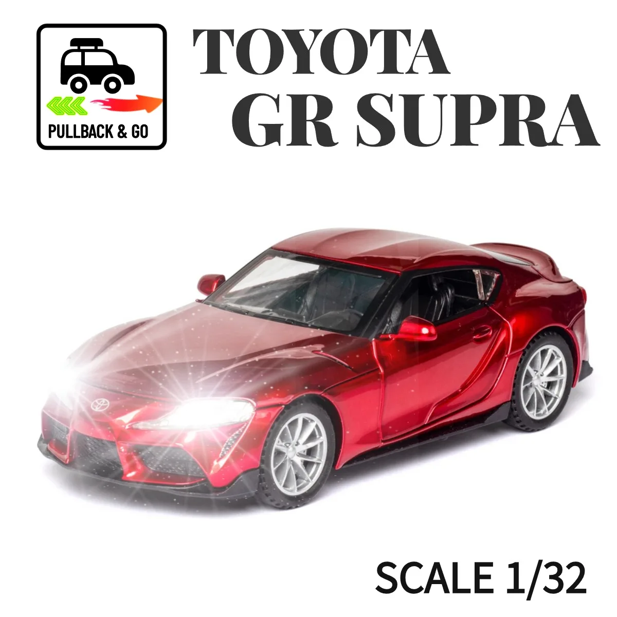 

1:32 Toyota GR Supra Pullback Car Toy with Lights Engine Sound, BMW Maserati Diecast Car Model Scale Replica Gift Kid Boy Toy