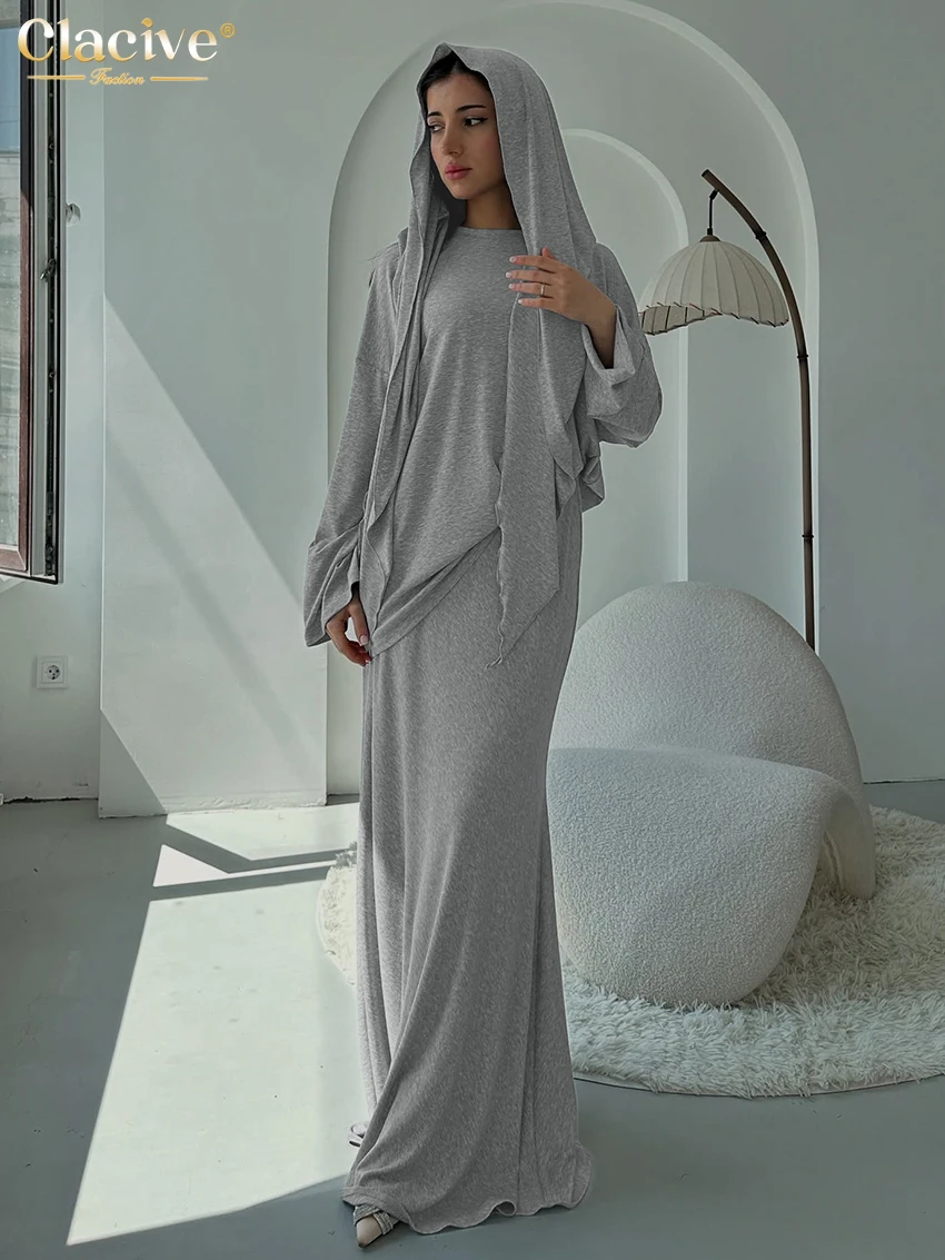 

Clacive Fashion Loose Gray Knitted Women's Two Pieces Set 2026 Elegant Long Sleeve Shirt With High Waist Maxi Skirt Set Female