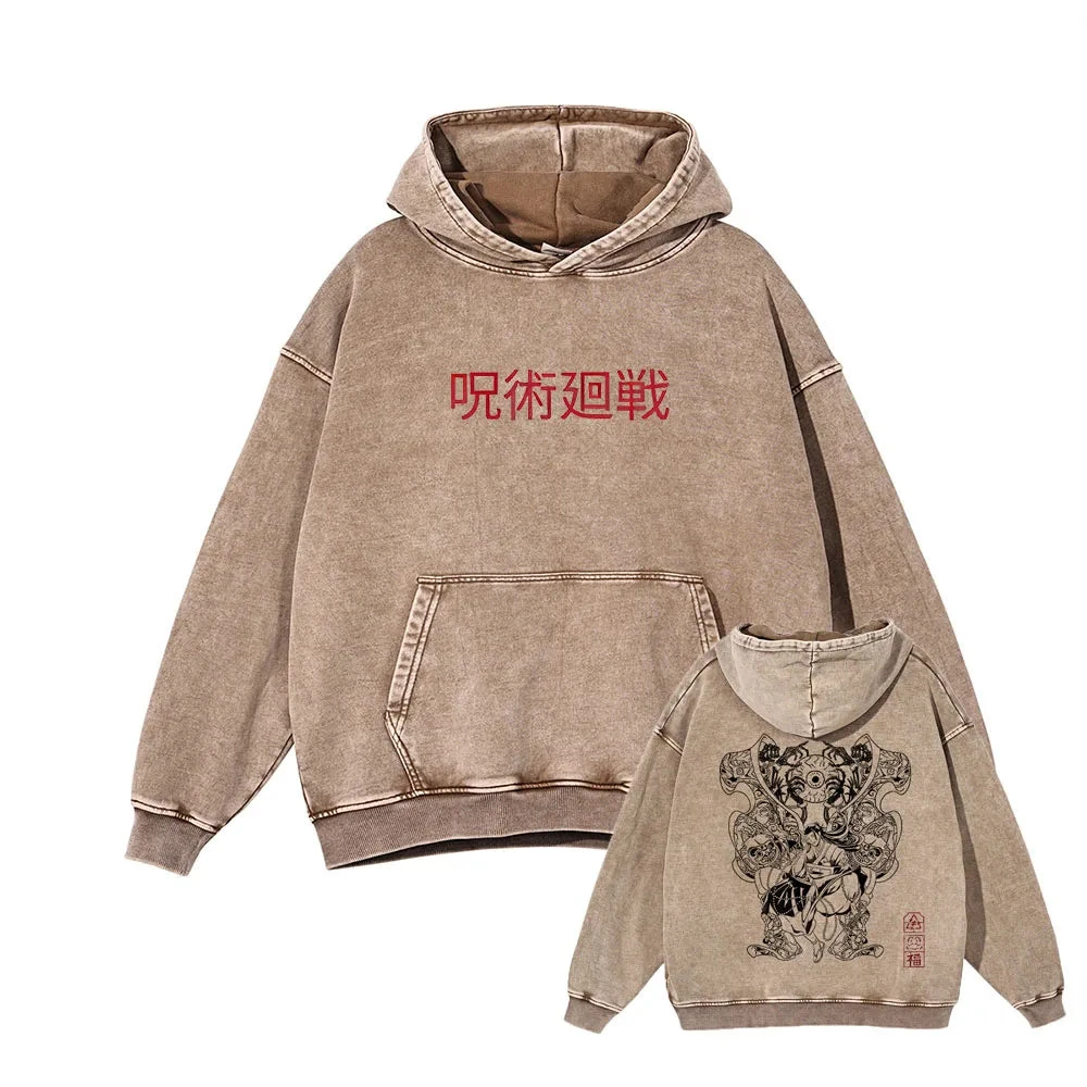 Japanese Anime Jujutsu Kaisen Print Hooded Pullover Men Hip Hop Sweatshirt Vintage Hoodie Harajuku Cotton Sweatshirts