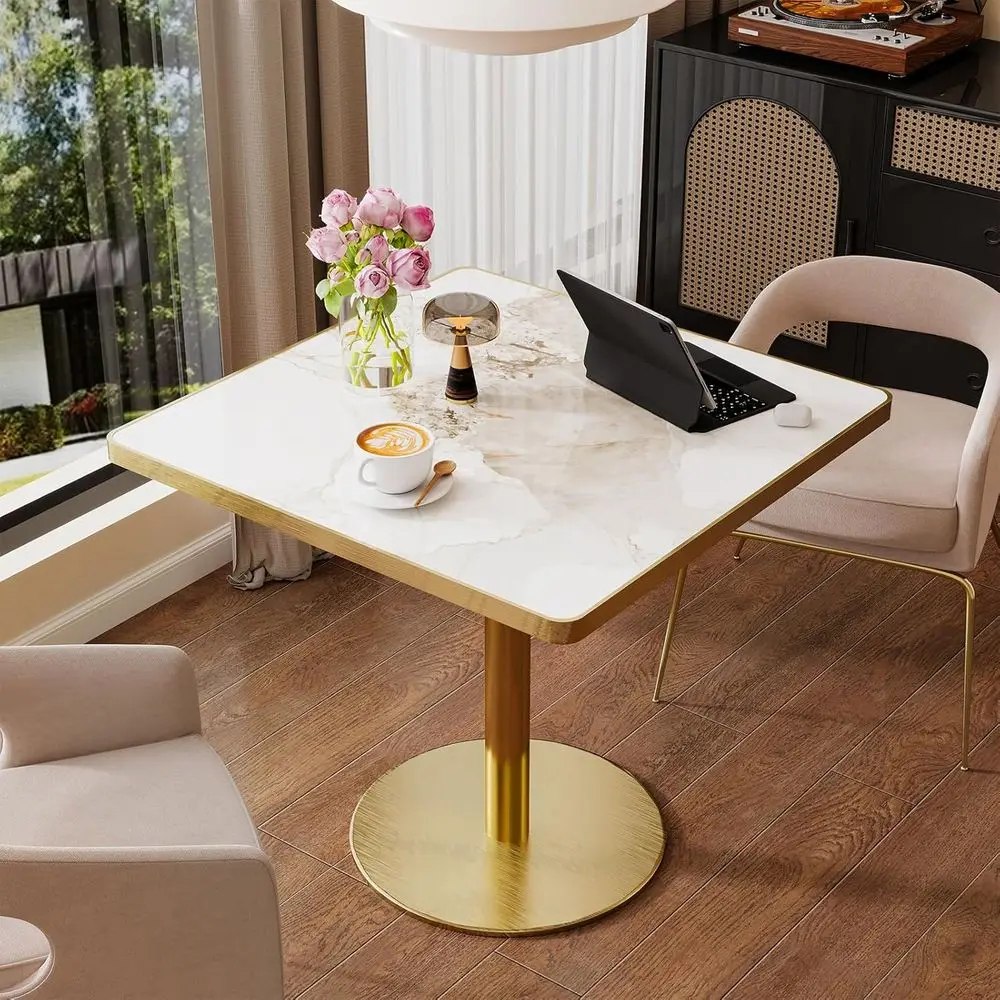 

Стол Tulip 31,5 дюйма, квадратный обеденный стол с столешницей из спеченного камня толщиной 1,2 дюйма и металлическим основанием на одной опоре, стол для бистро или кафе.