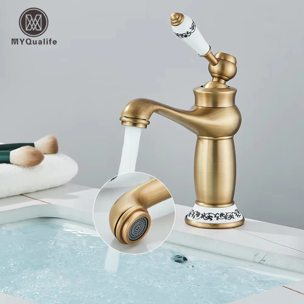 고급 앤티크 욕실 대야 수도꼭지, 황동 데크 장착 세라믹 핸들 믹서 탭, 짧은 냉온 믹서 탭