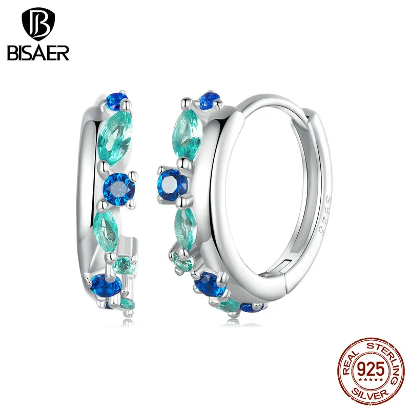 Bisaer 925 Sterling Silber runde Creolen blaugrüne Kristall Multi hypo allergene Ohr schnallen für Frau Party edlen Schmuck