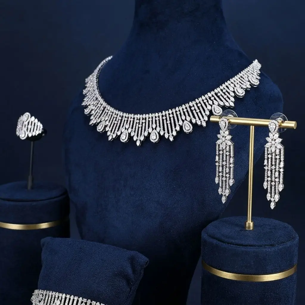 Bride Talk Luxury Waterfall Tassel Jewelry Set 4Pcs Elegant Linear Raindrop Teardrop Bridal Wedding Accessories Statement Wear