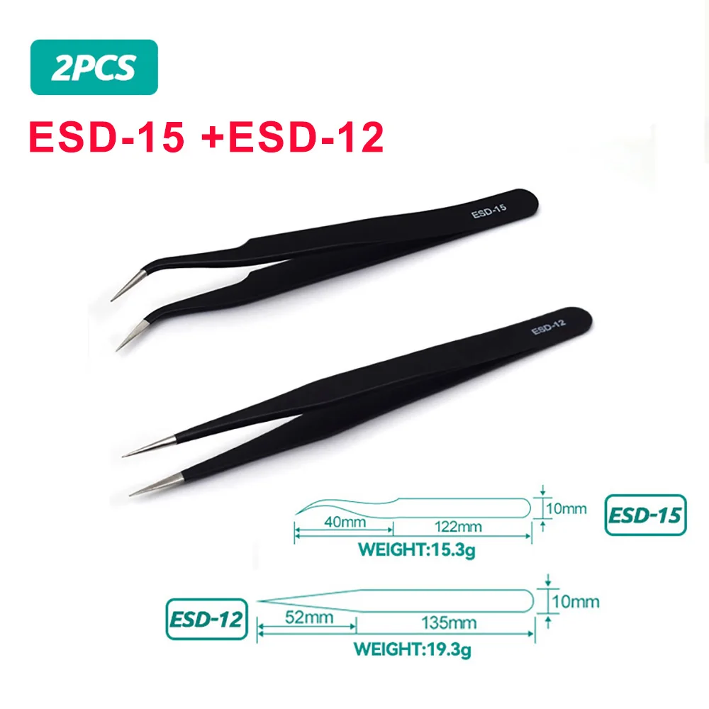 ESD Anti-Static Stainless Steel Tweezers Precision Maintenance Industrial Repair Curved Tool Home Working Model Making Hand Tool