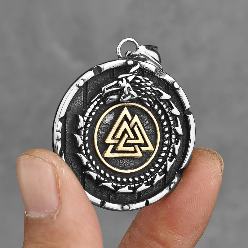 Vintage Vikings Ouroboros Necklace Men Stainless Steel Norse Runes Triangle Pendant Amulet Scandinavian Jewelry Dropshipping