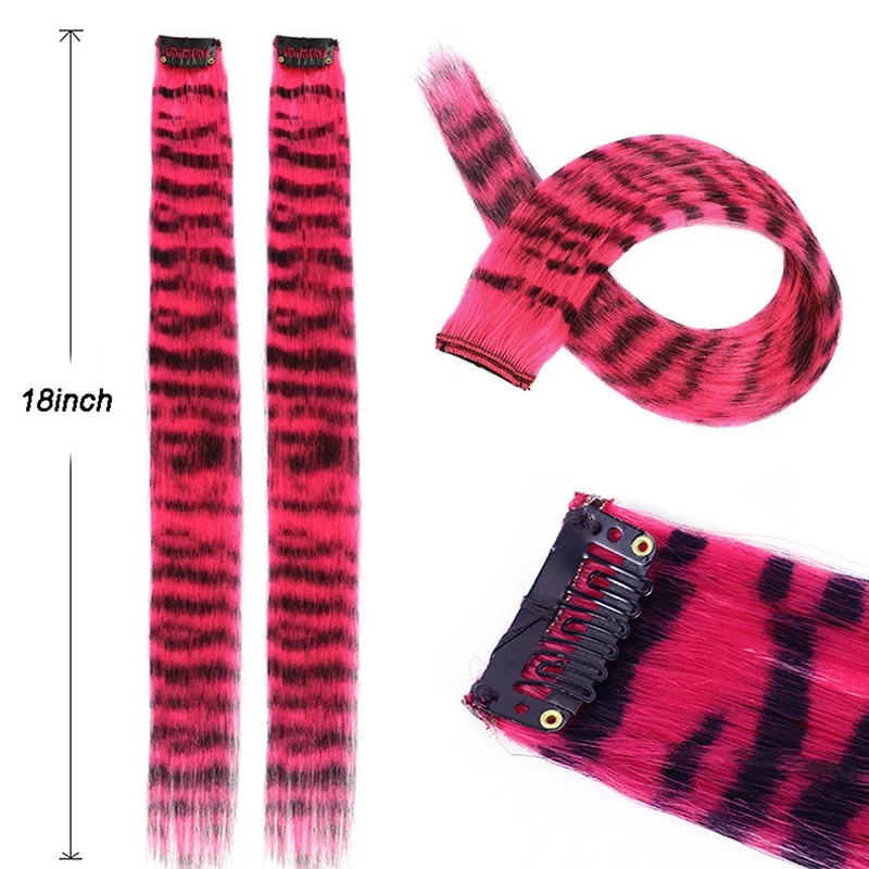 جديد شريط متعدد الألوان ليوبارد مطبوعة طويل مستقيم شعر مستعار كليب للفتيات يسلط الضوء على قطع الشعر المستعار #6