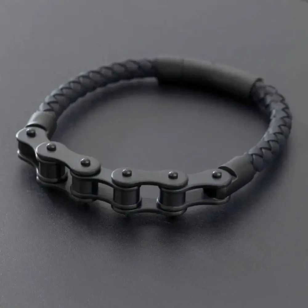 Trend Metal Motorcycle Chain Bracelet Punk Retro Leather Braided Rope Bracelet Creative Design Metal Buckle Bike Chain Bracelet