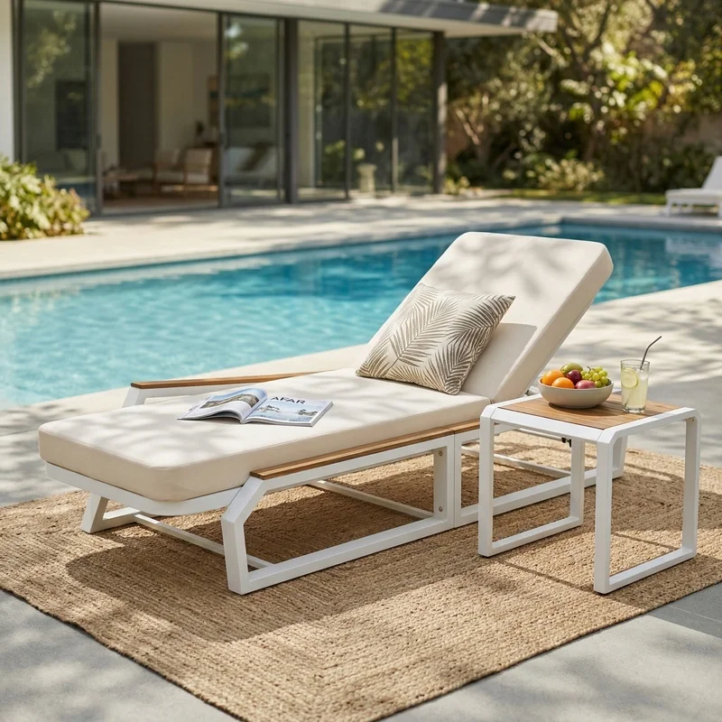 

3-Piece Adjustable Outdoor Chaise Lounge Set with Cream Cushion, Teak Accents, White Iron Frame, Reclining Patio Lounger with Side Table