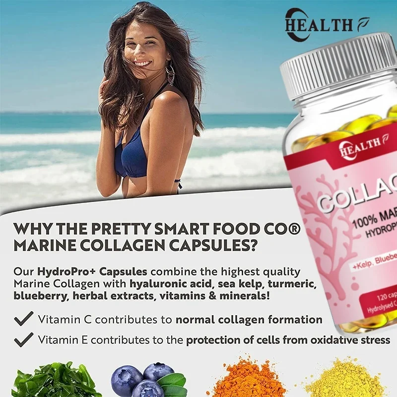 Powerful Marine Collagen - With Hyaluronic Acid, Biotin & Blueberry - 1400mg Complex-Hydrolyzed Type 1-With Vitamins & Minerals