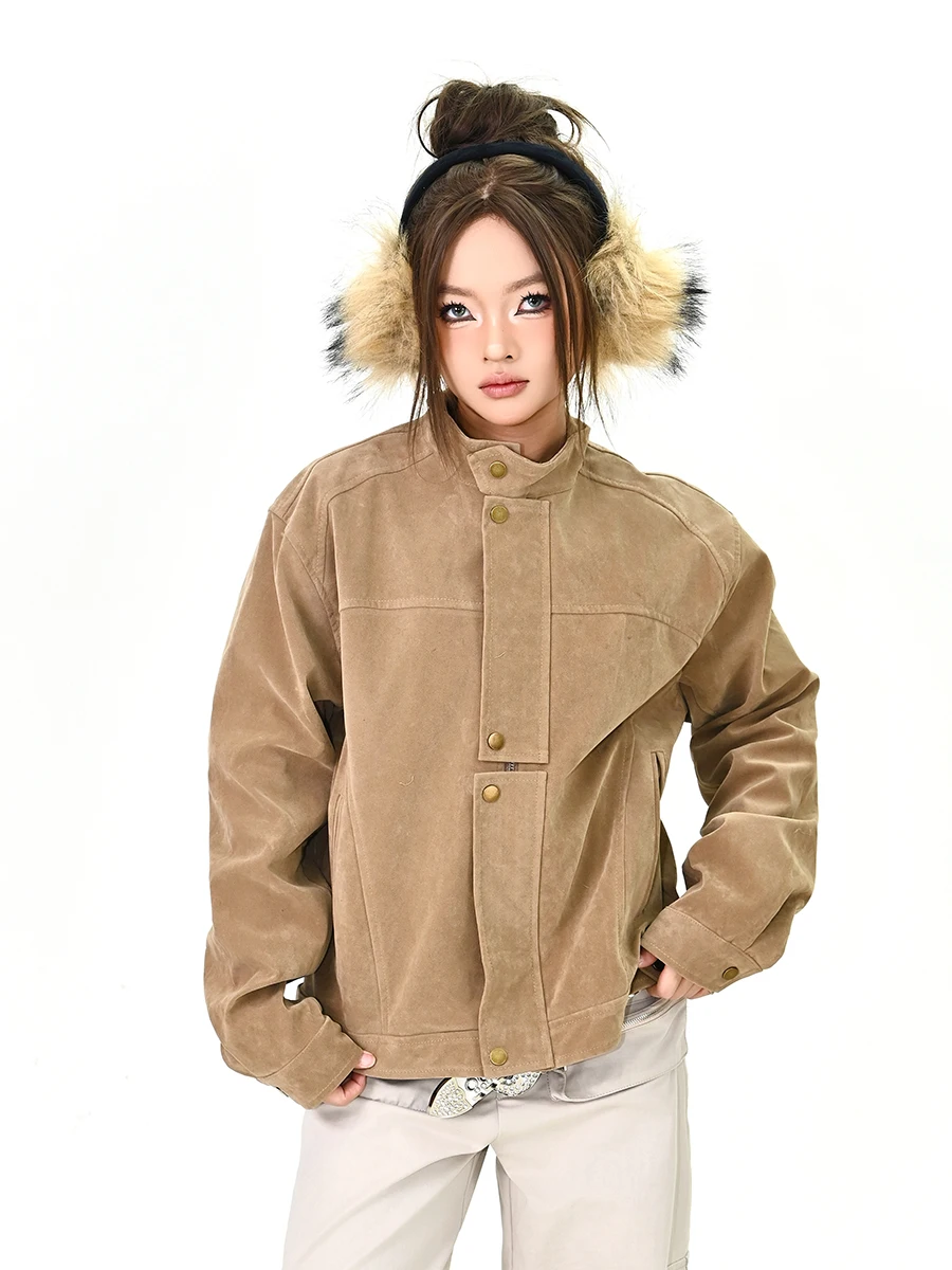 

Lazy Faion Women's Suede Jaet Stand Collar Loose American Retro Outerwear Spring 2026 Street Sle Youth Casual Long Sve