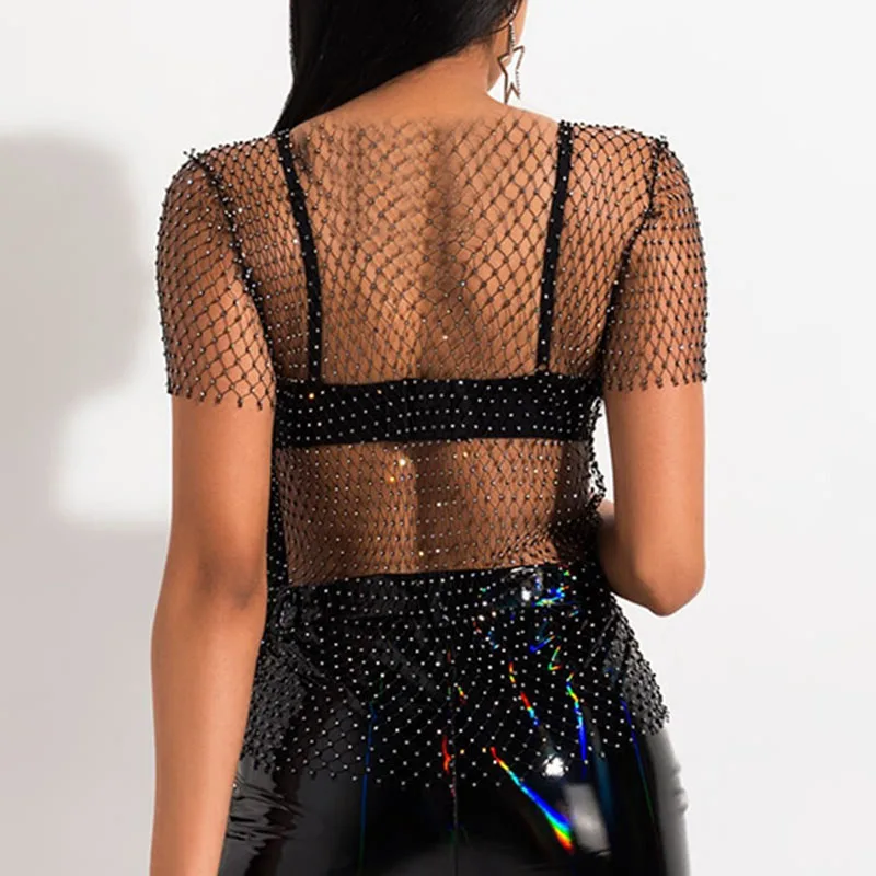 Sexy New Mesh Rhinestone Long Sleeve T Shirt Women Hollow See-through Fishnet Tops Summer Casual Shirt Party Club Women Clothing