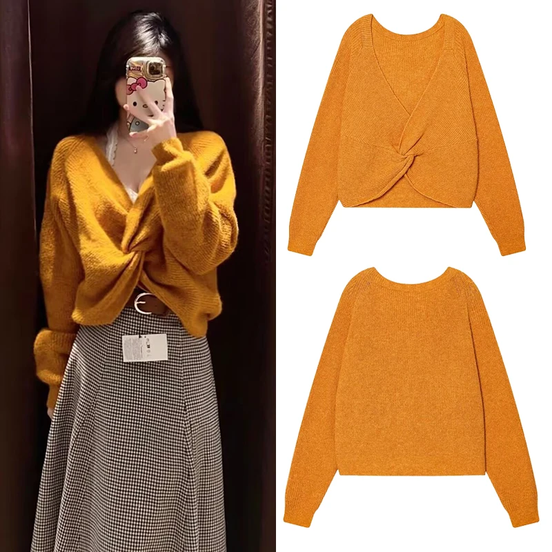 

Women's Knitted Pullover Women Fashion Back Knot Long Sleeve Sweater 2025 New Casual Loose Streetwear Knitwear Tops ﻿ ﻿