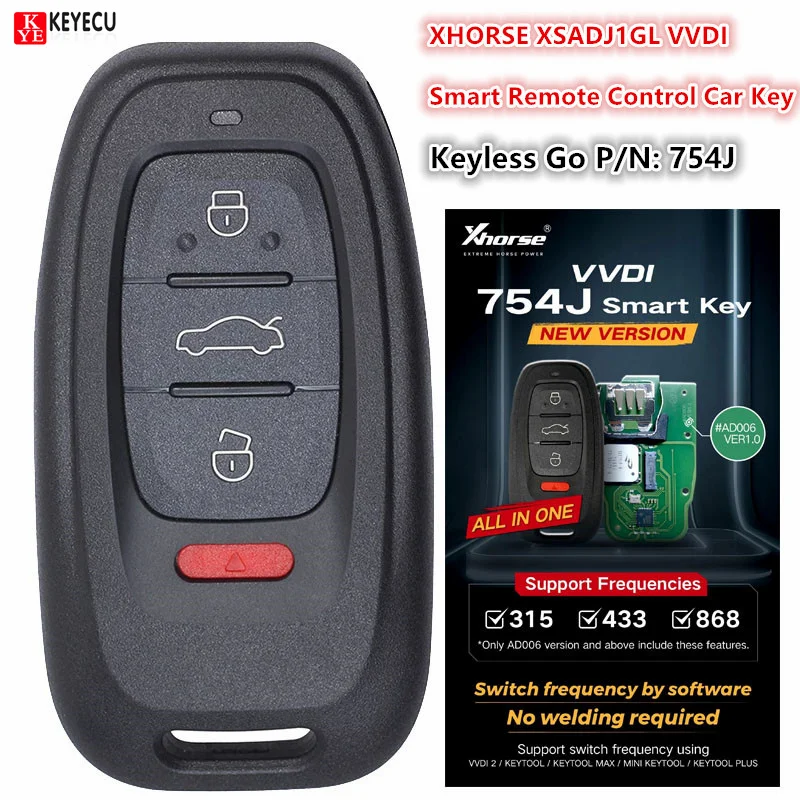 KEYECU XHORSE XSADJ1GL VVDI 315MHz 433MHz 868MHz Smart Remote Control Car Key for Audi A6L Q5 A4L A8L Keyless Go P/N: 754J Fob