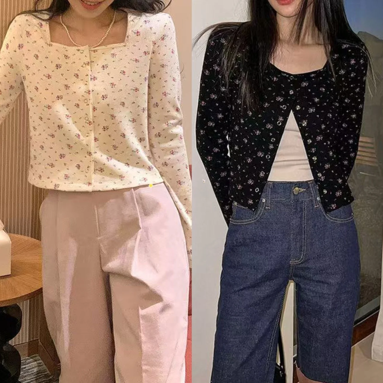 

Женский вязаный кардиган Slim Fit с цветочным узором, открытым передом и квадратным воротником, дышащий, влагоотводящий, для весны и осени
