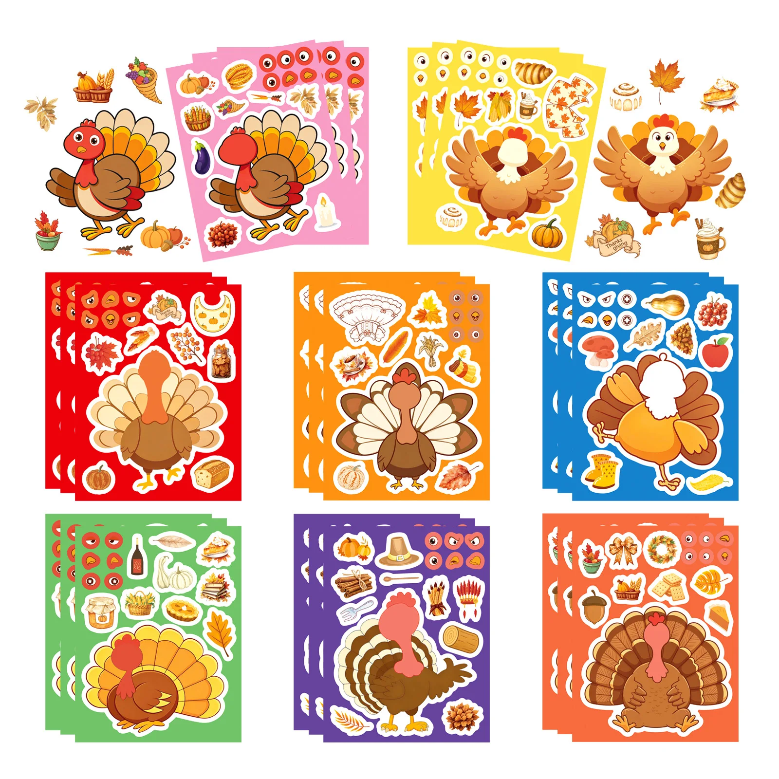 8PCS Thanksgiving Turkey Animal Puzzle Stickers Cartoon Decals Make a Face Stationery for Notebook Phone Laptop Decoration